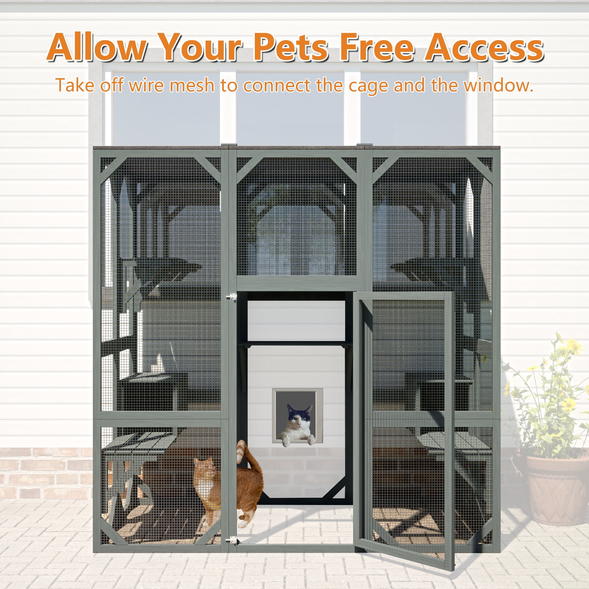 LZBEITEM 1-Story Waterproof Large Outdoor Cat House with 5 Platforms & Weather Protection, Grey