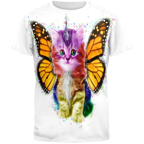 Rainbow Butterfly Unicorn Kitten All Over Adult T-Shirt - X-Large