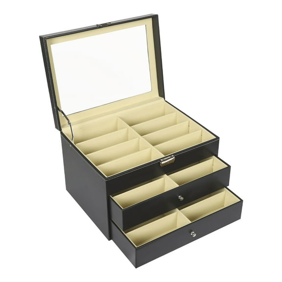 24 Compartment Eyeglasses Display Case with Glass Top & Lock, 3-Tier Drawer Storage Organizer for Jewelry Watches, Black