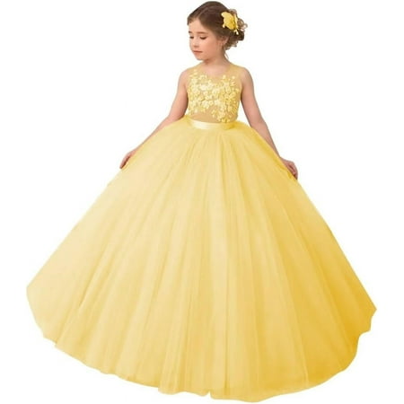 Drtj Lace Applique Flower Girl Dress Elegant Tulle Princess Ball Gown for Weddings First Communion & Pageants (Ages 2-16)