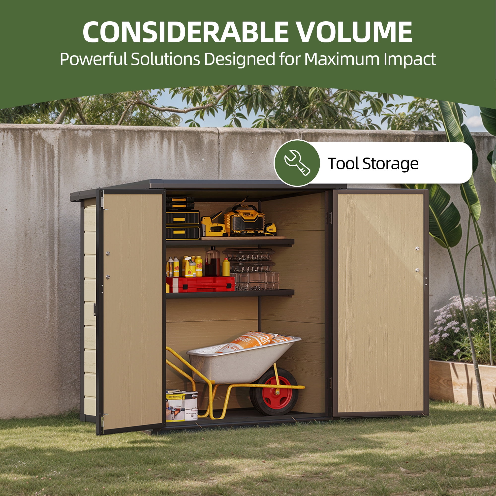 Uforic 51 Cu Ft Outdoor Vertical Storage Shed with Floor & 2 Shelves, Waterproof, Lockable (Brown)