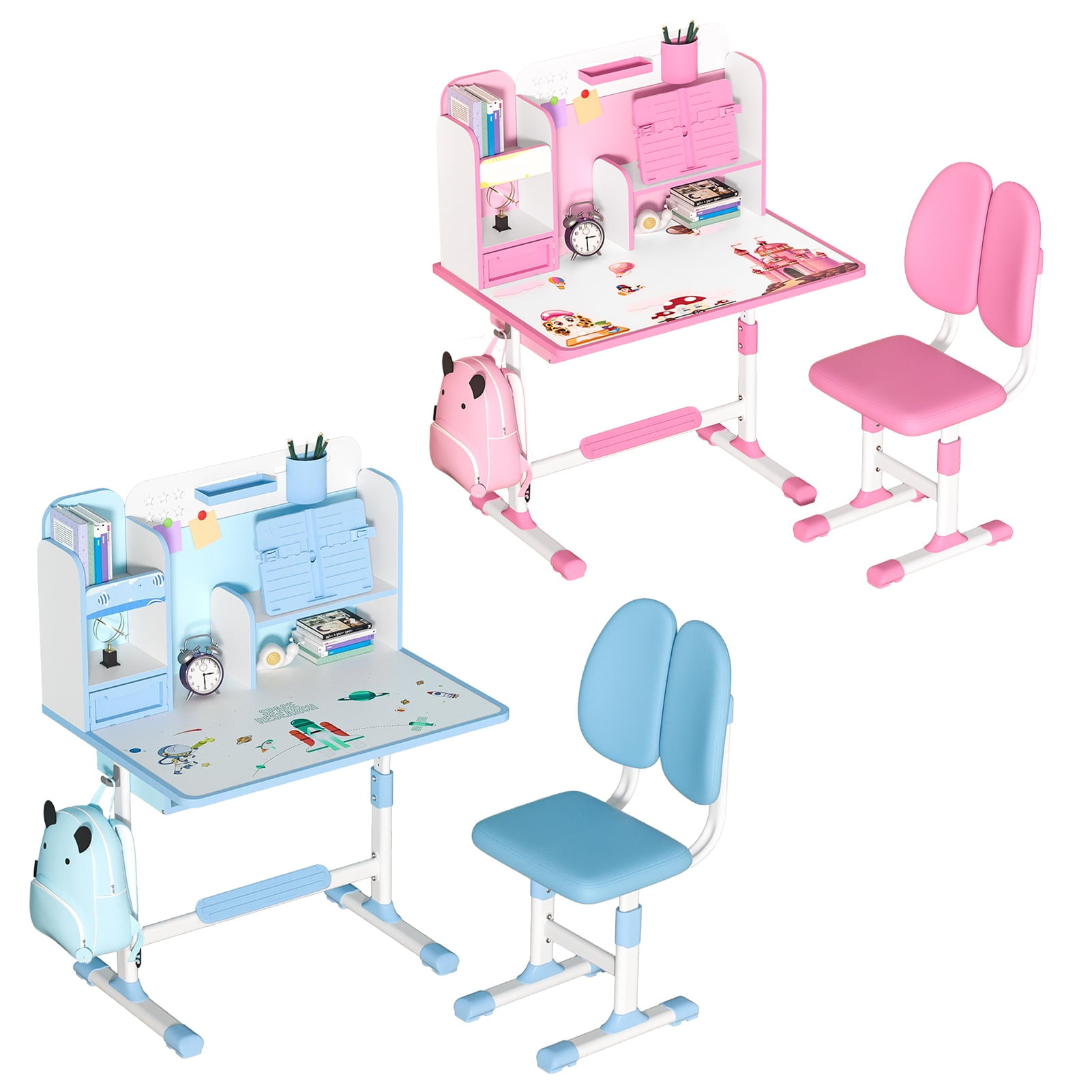 StarBay 2Pcs/Set Pink Height Adjustable Children School Study Table Chair Set, Widened Desktop