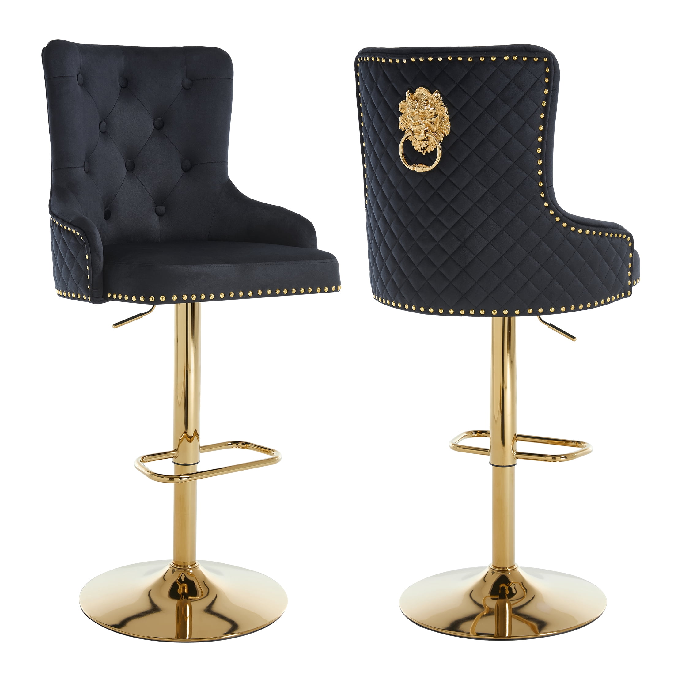 Velvet Gold Bar Stools Set of 2 Modern Counter Height Bar Stools with Lion Pull Ring Tufted Back, Nailhead Upholstered Barstools for Home Kitchen Island, Swivel Adjustable Stool Chair in Black
