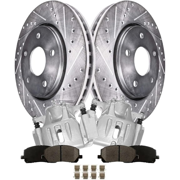 Detroit Axle - 6pc Front Brake Kit for 2001-2007 Toyota Highlander, Drilled and Slotted Disc Brake Rotors Ceramic Brake Pads and Calipers Replacement : 11.65" inch Rotor