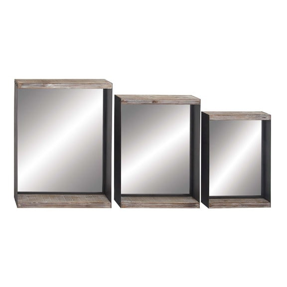 Rustic Rectangular Wood And Glass Patterned Wall Mirror, Brown