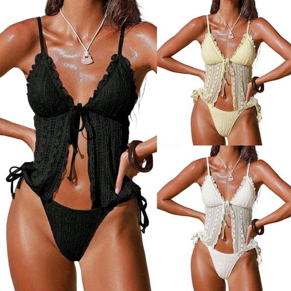 FRSASU Women's Tankini Sets Tie Front Ruffle Bikini Set High Cut Thong Two Piece Swimsuit Lace Double Layer Fabric Split Swimsuit Yellow