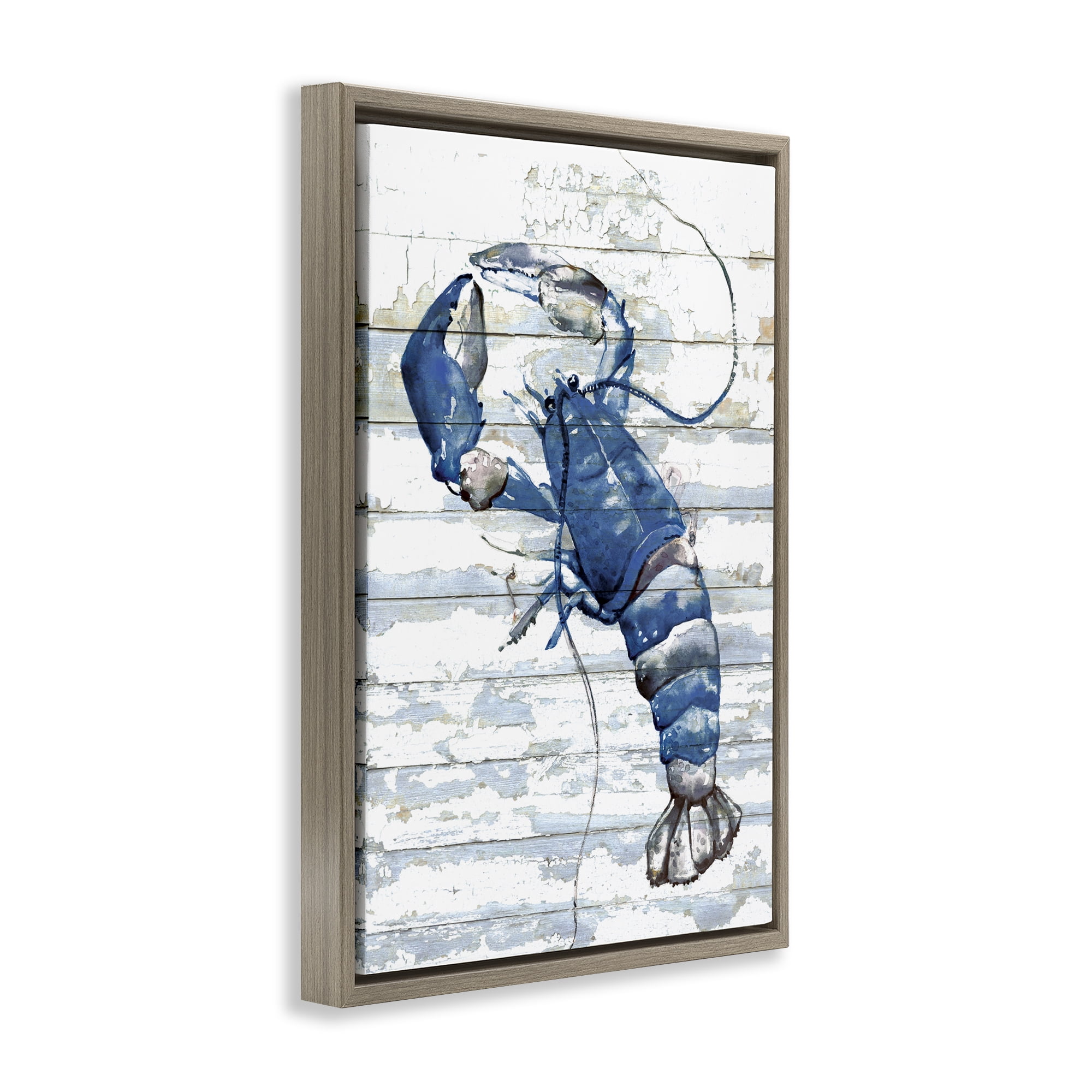 Stupell Industries Blue Lobster on Distressed Animals Painting Brown Floater Framed Canvas Art Print Wall Art, 21 x 31