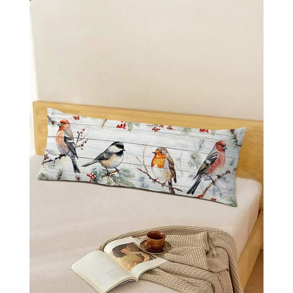 Farmhouse Christmas Bird Throw Pillow Cover,Seasonal Berry Pine Needle Branch Rectangle Decorative Pillow Case Protector Soft Cushion Cover Lumbar Pillowcase for Couch Sofa Bedroom Decor 20x54 Inch