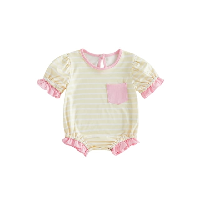 Mono corto de manga corta con cuello redondo y ribete de volantes para bebé niña, ropa informal de verano y primavera.