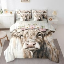 Manfei Kawaii Highland Cattle 7pcs Bedding Comforter Set,Western Country Farm Queen Bedding Sets,Pink Flower Floral Queen Sheet Sets For Teens,Luxury Bedroom Decor Reversible