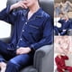 thumbnail image 1 of Conjunto de pijama de 2 piezas de seda sintética con un solo pecho y cárdigan de talla grande para hombre, ropa de dormir para el hogar., 1 of 7
