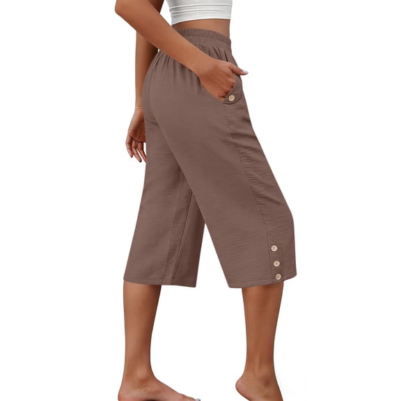 CQONEPT Women's Capris Pant with Pocket Elastic Waist Lightweight Loose Fit Summer Fashion Activewear Trousers Brown XL