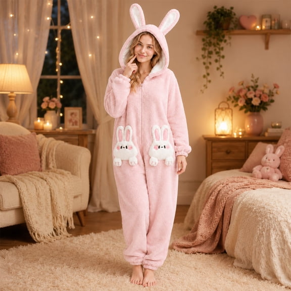 Women's Animal Onesie Pajamas Cute Bunny Fluffy Fleece Sleepwear Long Sleeve Hooded Jumpsuit with Pockets Winter Fall Cosplay Lounge Halloween Costume