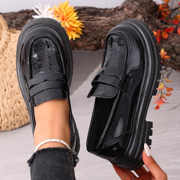 ZunFeo Womens Chunky Platform Loafers Slip On - Glossy Synthetic Faux Leather Casual Shoes - Black (US Womens Size 5.5-9.5),Size 7.5