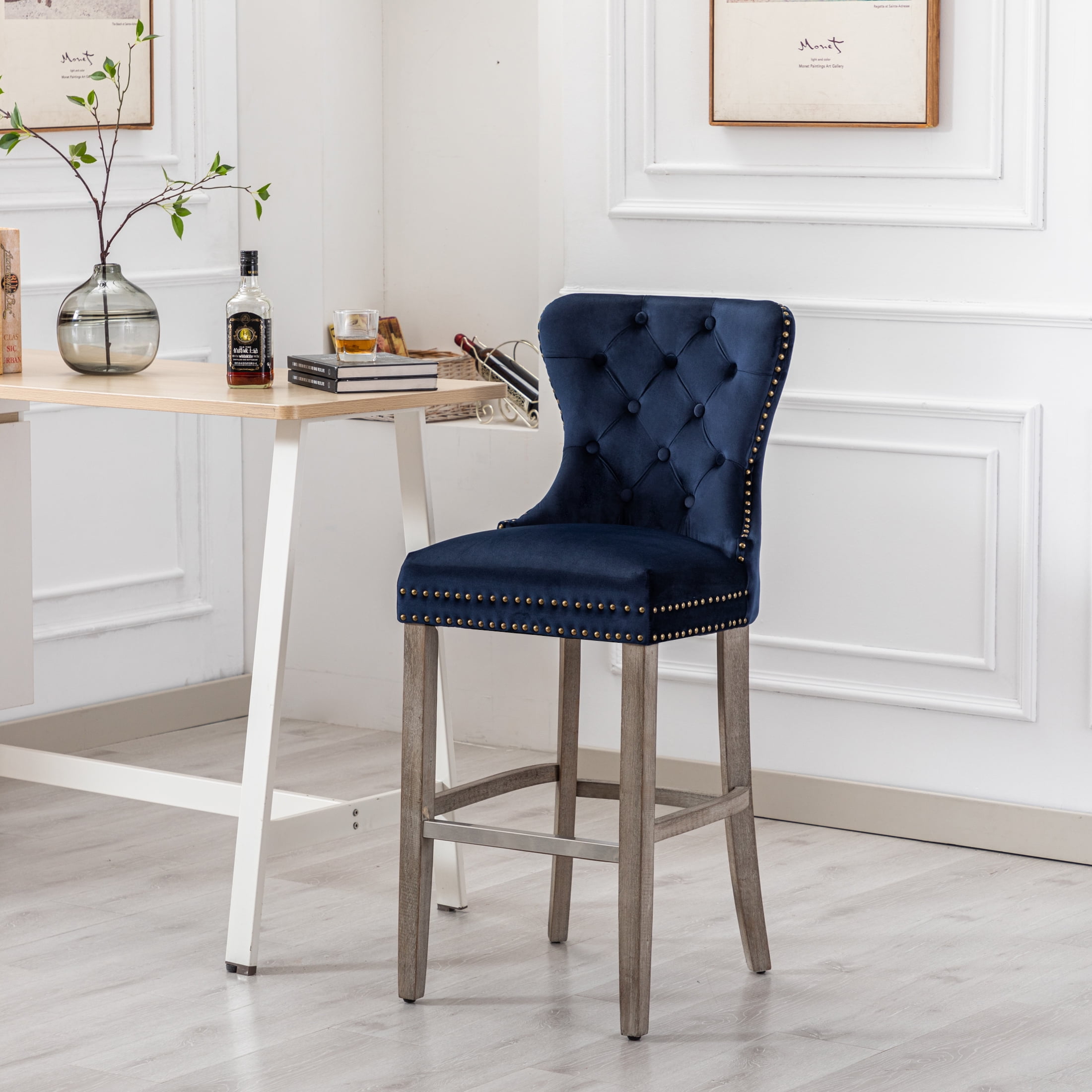Westin Outdoor 29" Tufted Velvet Counter Stool, Antique Gray/Velvet Navy Blue