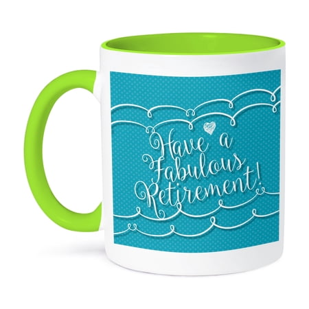 3dRose, Have A Fabulous Retirement-Text in Connected Scipt over Blue Polkadots, 15oz Two-Tone Green Mug