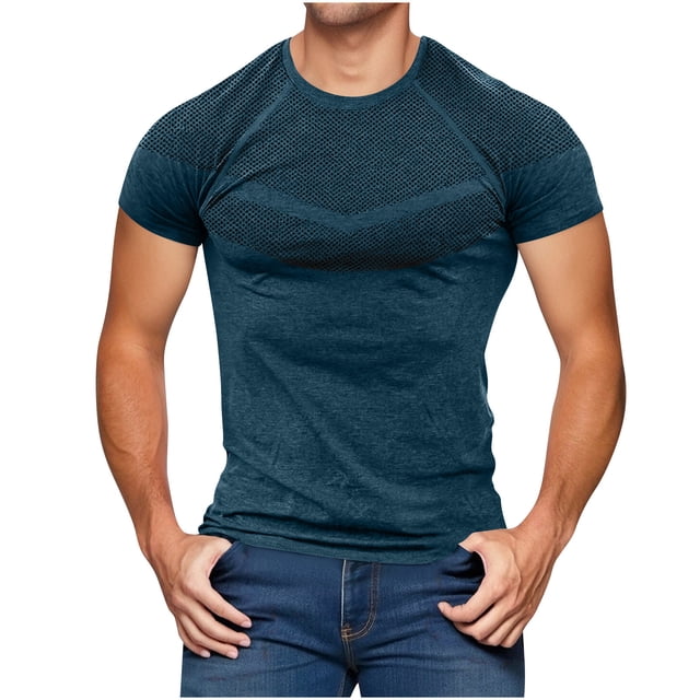 Dagugfen T-Shirts de Gym pour Hommes Col Rond Manches Courtes Serré Léger Respirant Entraînement Tops