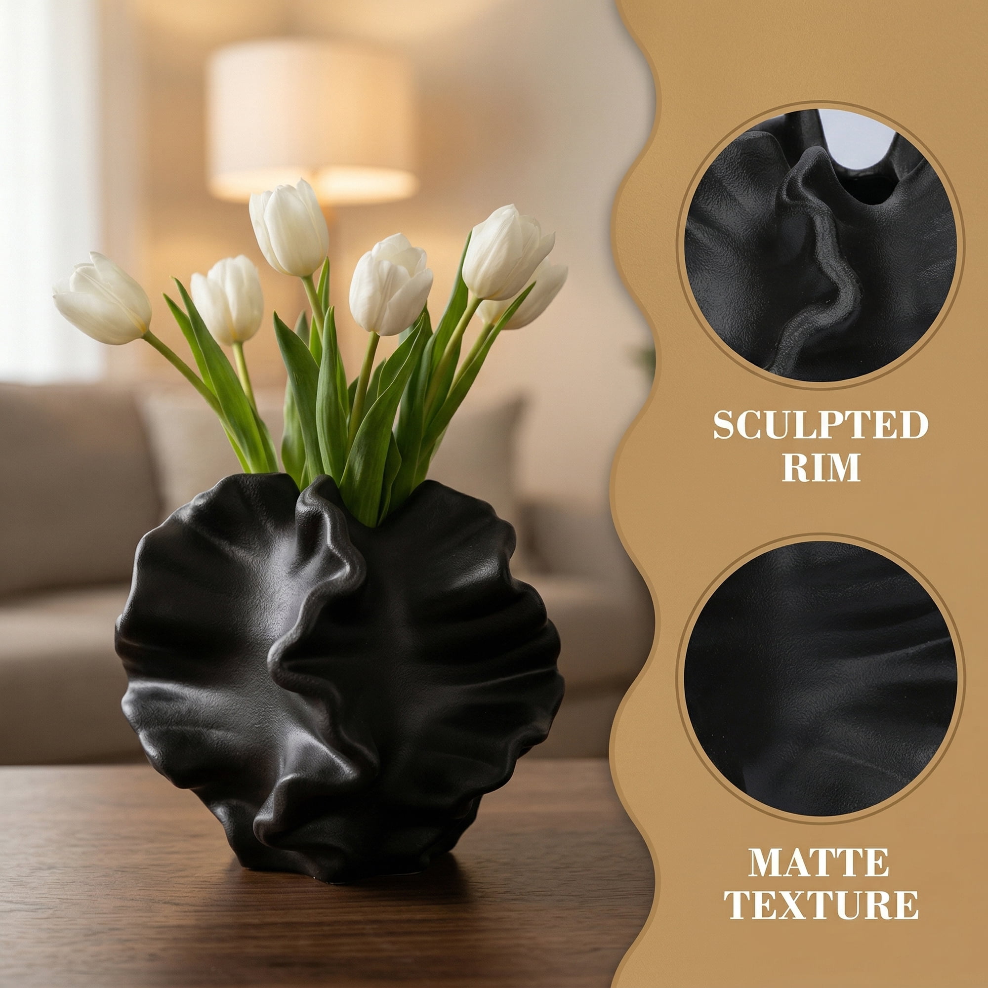 Unique Bargains Modern Round Ceramic Aesthetic Ribbed Sphere Vase Black 5.7" x 5.7" x 5"