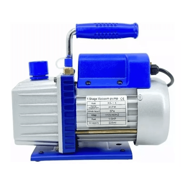 bomba de vacío de paletas rotativas 4cfm 1/3 hp 110v azul/gris unidad Belug vista lateral frontal centrada, carcasa de aluminio y motor de cobre puro, manija superior azul, tapa de aceite azul y base metálica azul; placa con especificaciones legibles (4 CFM, 225 ml aceite, 5 Pa, 110V 60Hz), dimensiones aprox. 37.5 x 22 x 10 cm y cable de 1.5 m; diseñada para instalación y mantenimiento de equipos de refrigeración y aire acondicionado y suele emplearse en talleres HVAC por su tamaño compacto.