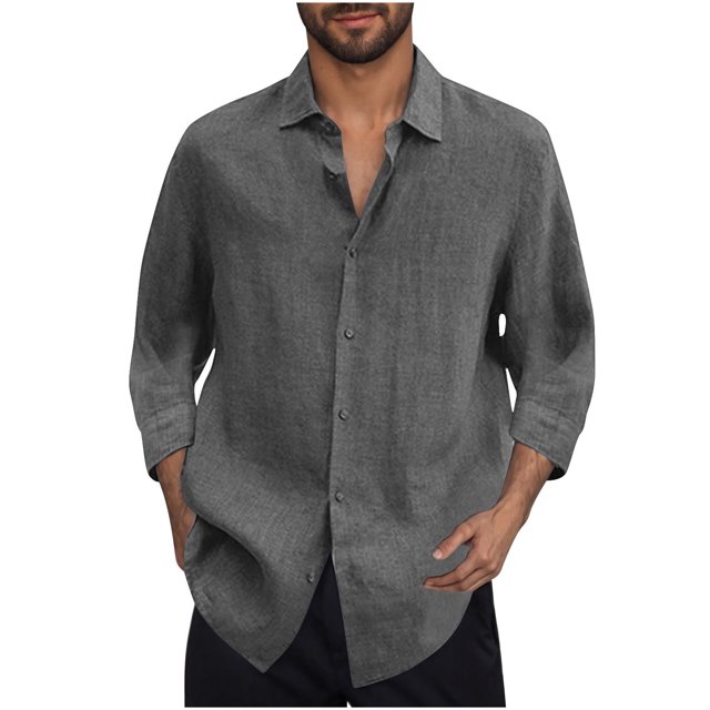 Men's 3/4 Sleeve Shirt Solid Color Button Down Lightweight Flat Front Casual Tops Blouse Dark Gray