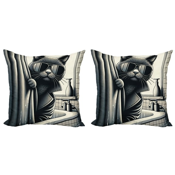 Ambesonne Cat Throw Pillow Cover 2 Pack, Cool Detective Kitty Monochrome, 16", Dark Grey Pale Sepia