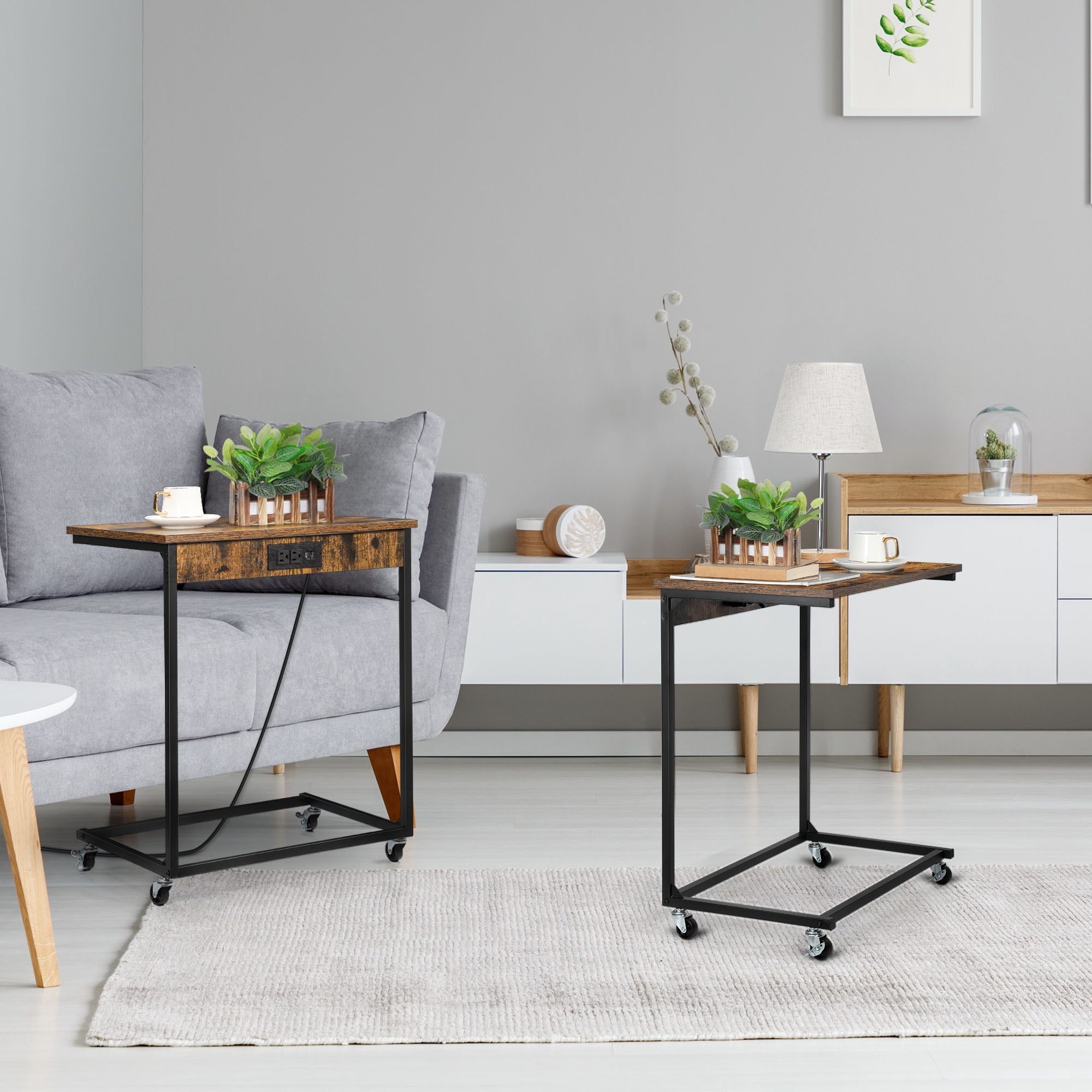 Rolling C‑Shaped Side Table with Charging Station, Mobile Sofa End Table with Lockable Wheels, 2 Pack