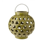 10.25" Tea Garden Caladium Leaf Green Glazed Terracotta Crackled Decorative Pillar Candle Lantern