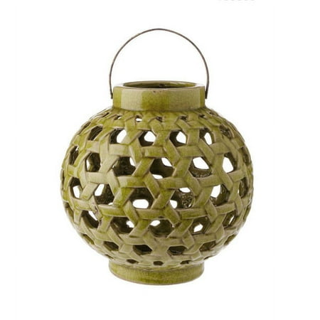10.25" Tea Garden Caladium Leaf Green Glazed Terracotta Crackled Decorative Pillar Candle Lantern