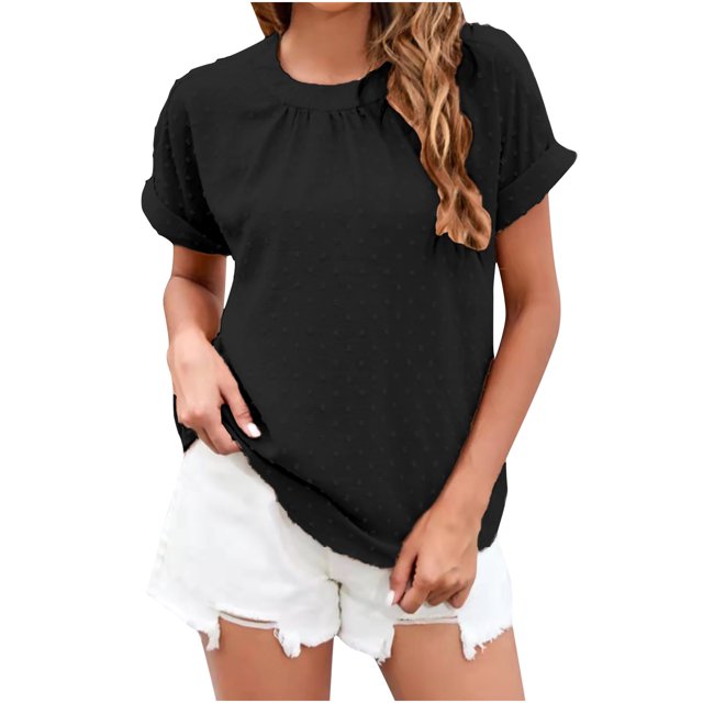 Moda mujer verano manga corta pulóver Color sólido Casual blusa Tops Fridja ghk914