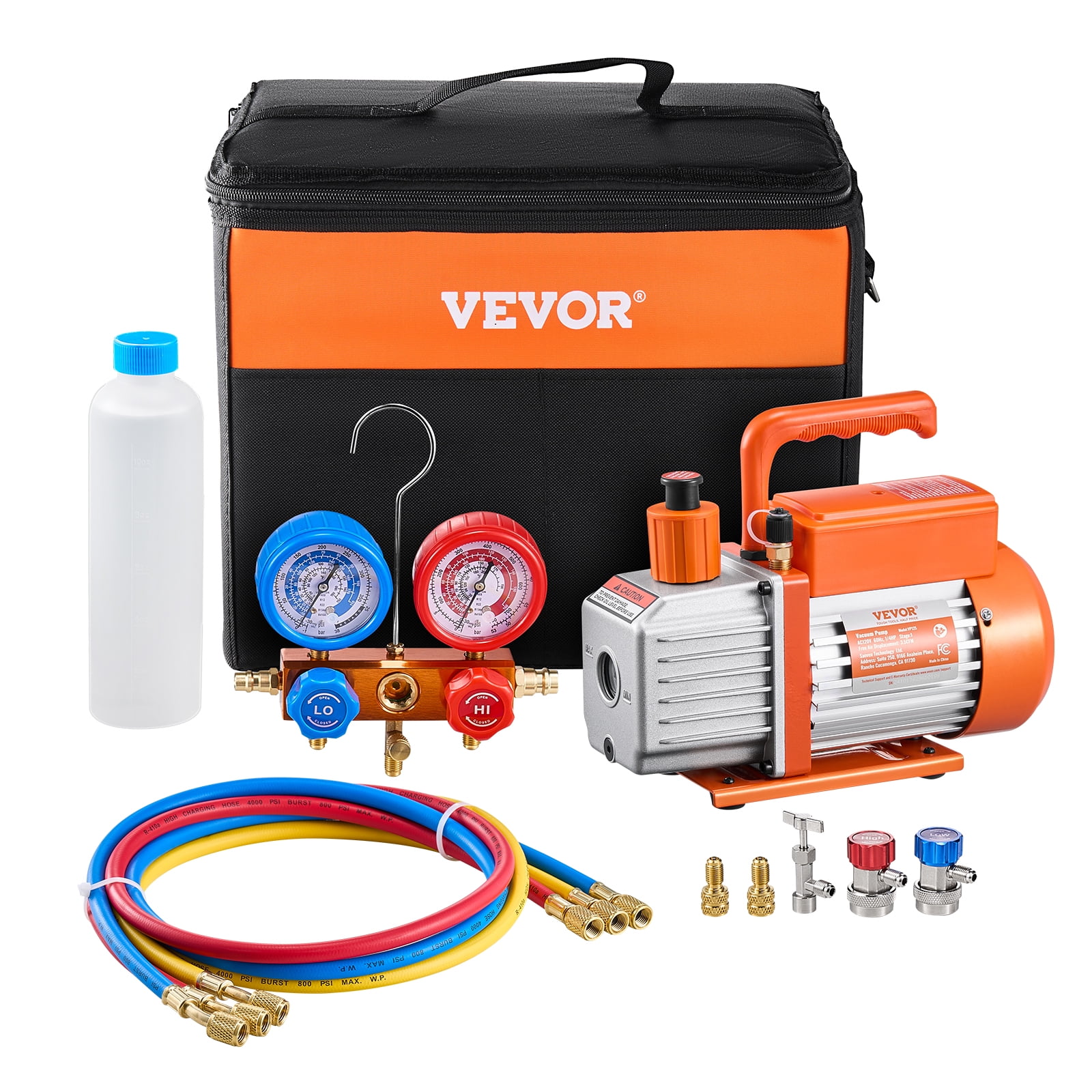 VEVOR 3.5 CFM AC Vacuum Pump and Gauge Set,Single Stage Rotary Vane HVAC Air Vacuum Pump,A/C&nbsp;Refrigerant&nbsp;Manifold Gauge Kit, with Hoses,for R134a,R12,R22,R502a,R410A,R404,R407C Refrigerants