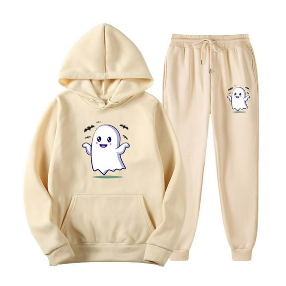 up to 60% off Gifts Hoodies Sets for Women Halloween 2 Piece Outfits Set for Women Cute Ghost Print Hooded Sweatshirt and Jogger Sweatpant Sweatsuits Sets with Pocket Causal Lounge Set Holiday Deals