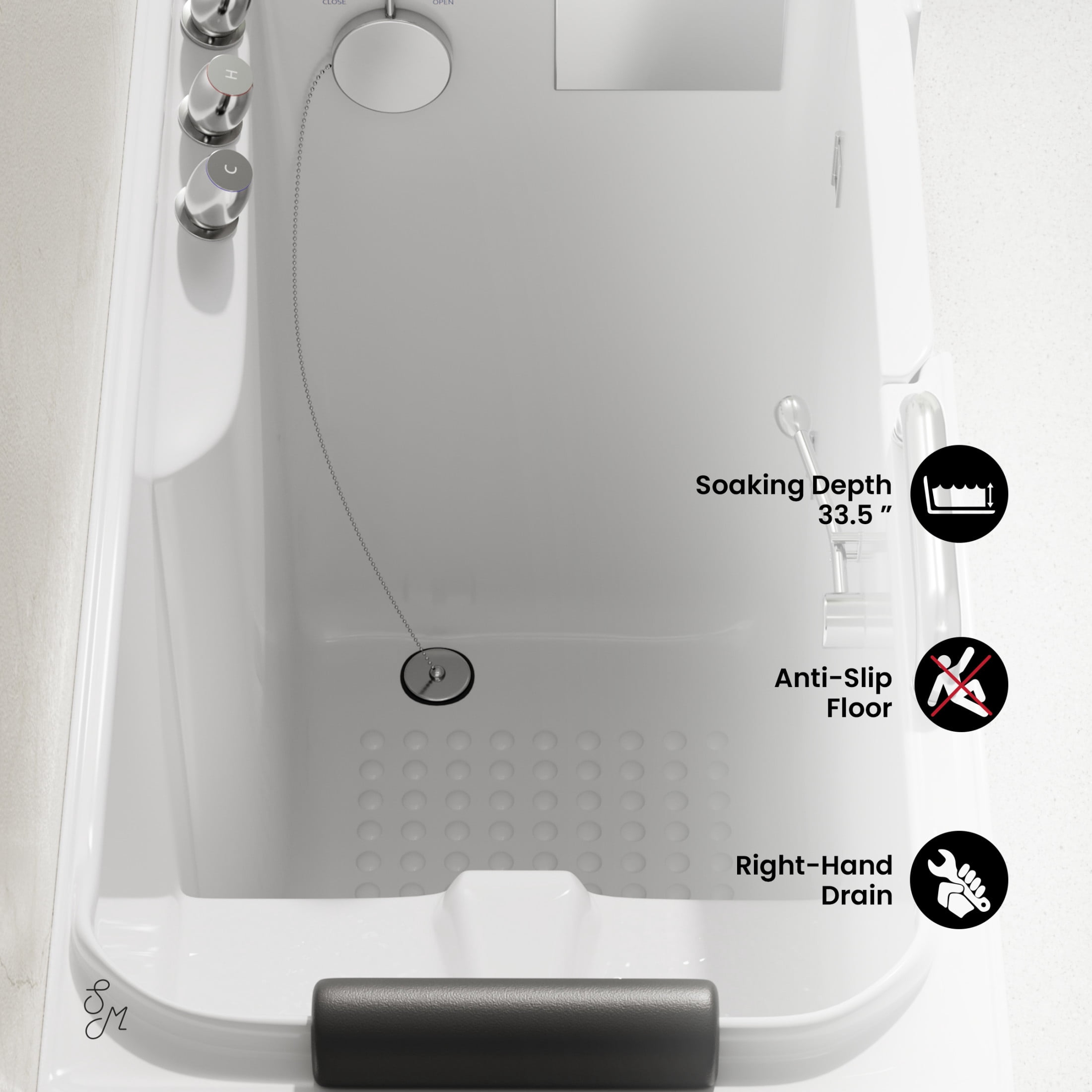 Auvergne 53" x 27" ADA Right Drain Walk-in Soaking Bathtub in Glossy White, Faucet Set, Drain, Grab Bars, Pillow Included