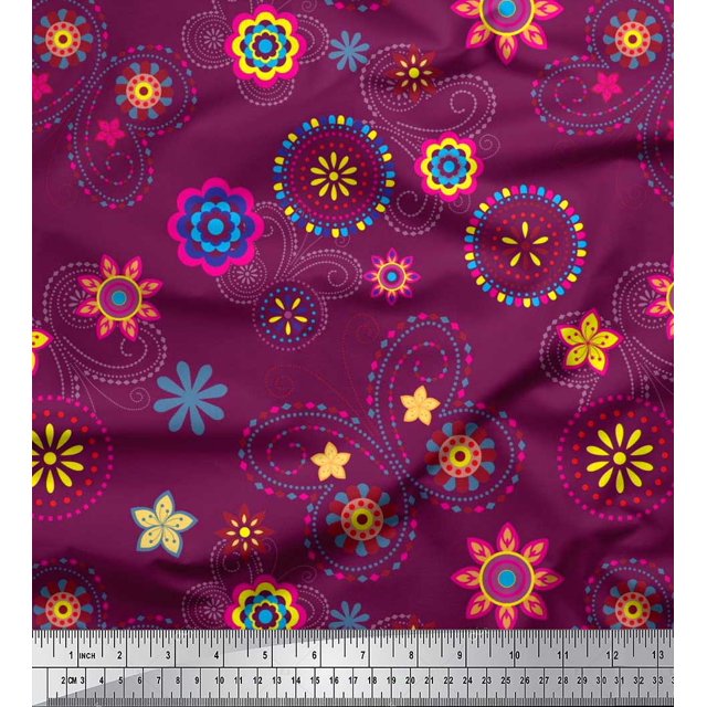 Soimoi Pink Velvet Fabric Insect & Floral Clip Art Print Sewing Fabric BTY 58 Inch Wide