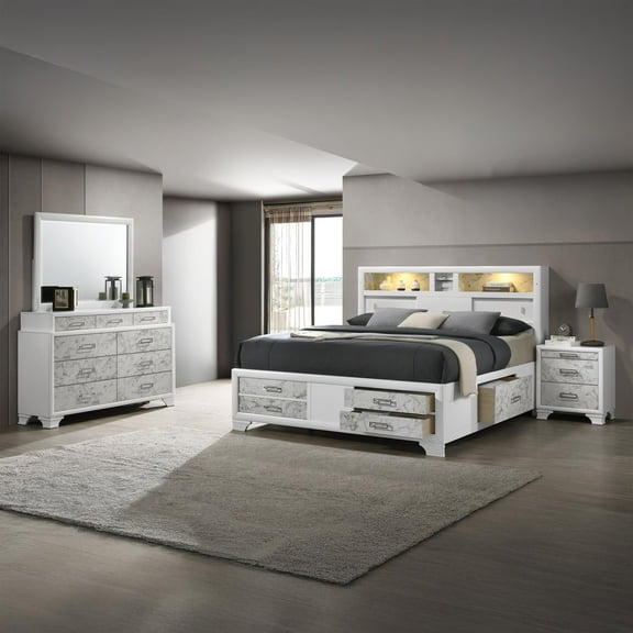Soul King 4PC Set including Manufactured Wood & Marble Accents in White