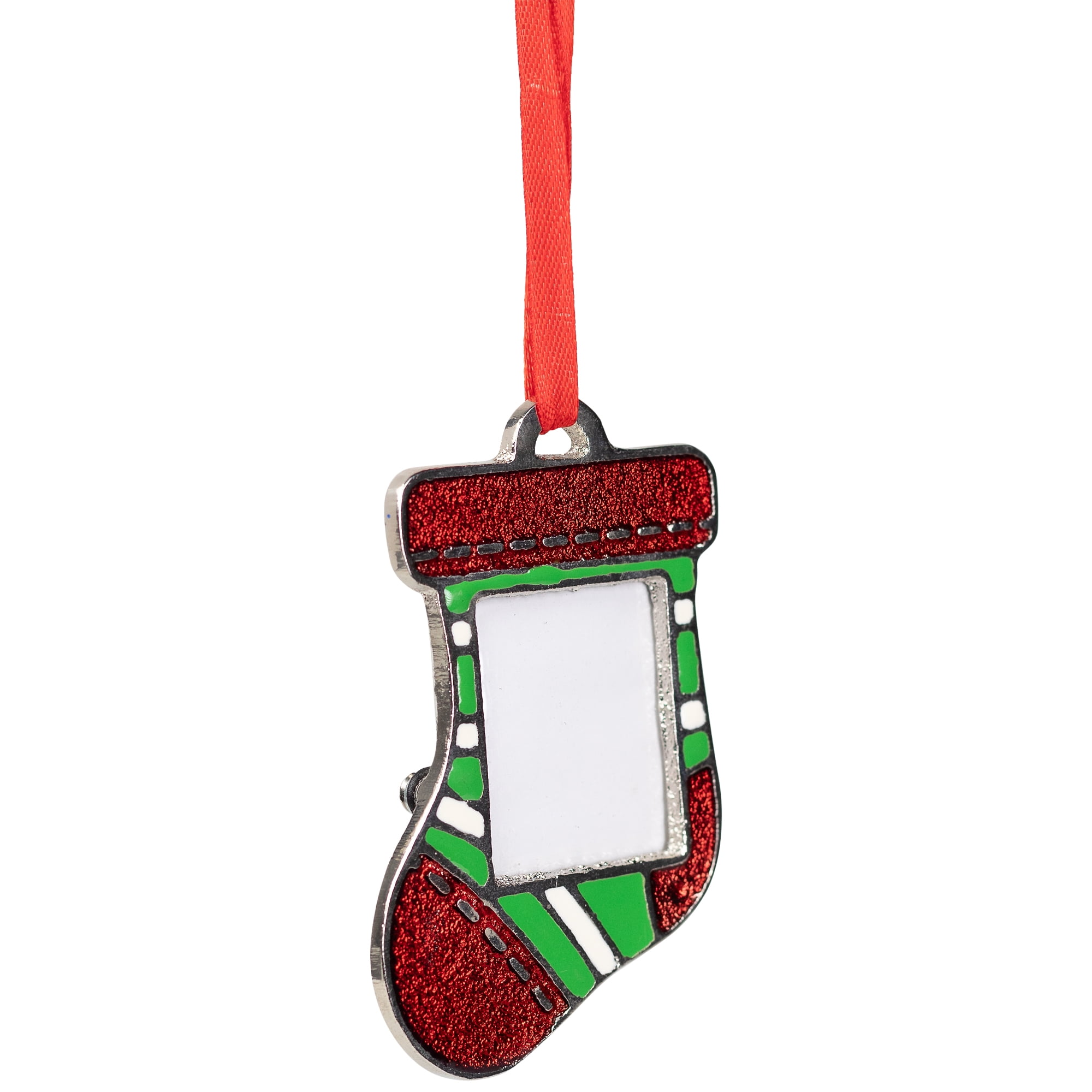 Striped Christmas Stocking Photo Frame Ornament - 3.25"