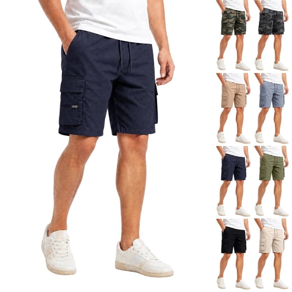 Camo Cargo Shorts Mens Drawstring Knee Length Elastic Waist Lightweight with Pockets Navy M