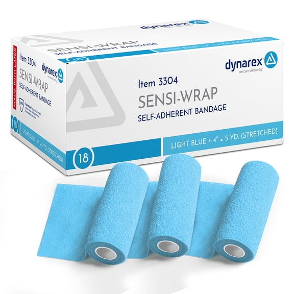 Dynarex Sensi-Wrap Self-Adhesive Bandages, 18-Pack, 4" x 5 yards, Light Blue, Latex, Colored Elastic Cohesive Athletic Tape, Tattoo Grip & Vet Wrap