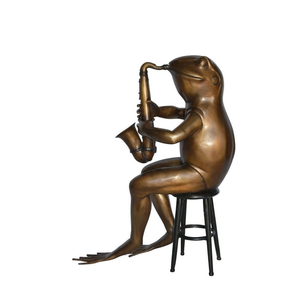 Frog playing saxophone bronze statue - Size: 23"L x 15"W x 30"H.