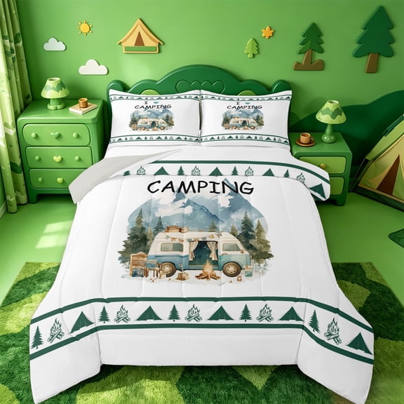 Catabedysis Watercolor Camping Full Size Comforter Sets,Camper Mountain Print Bedding Comforter Set For Boys,Multicolor,Light Gray Reversible,3 Pieces,1 Comforter and 2 Pillowcases