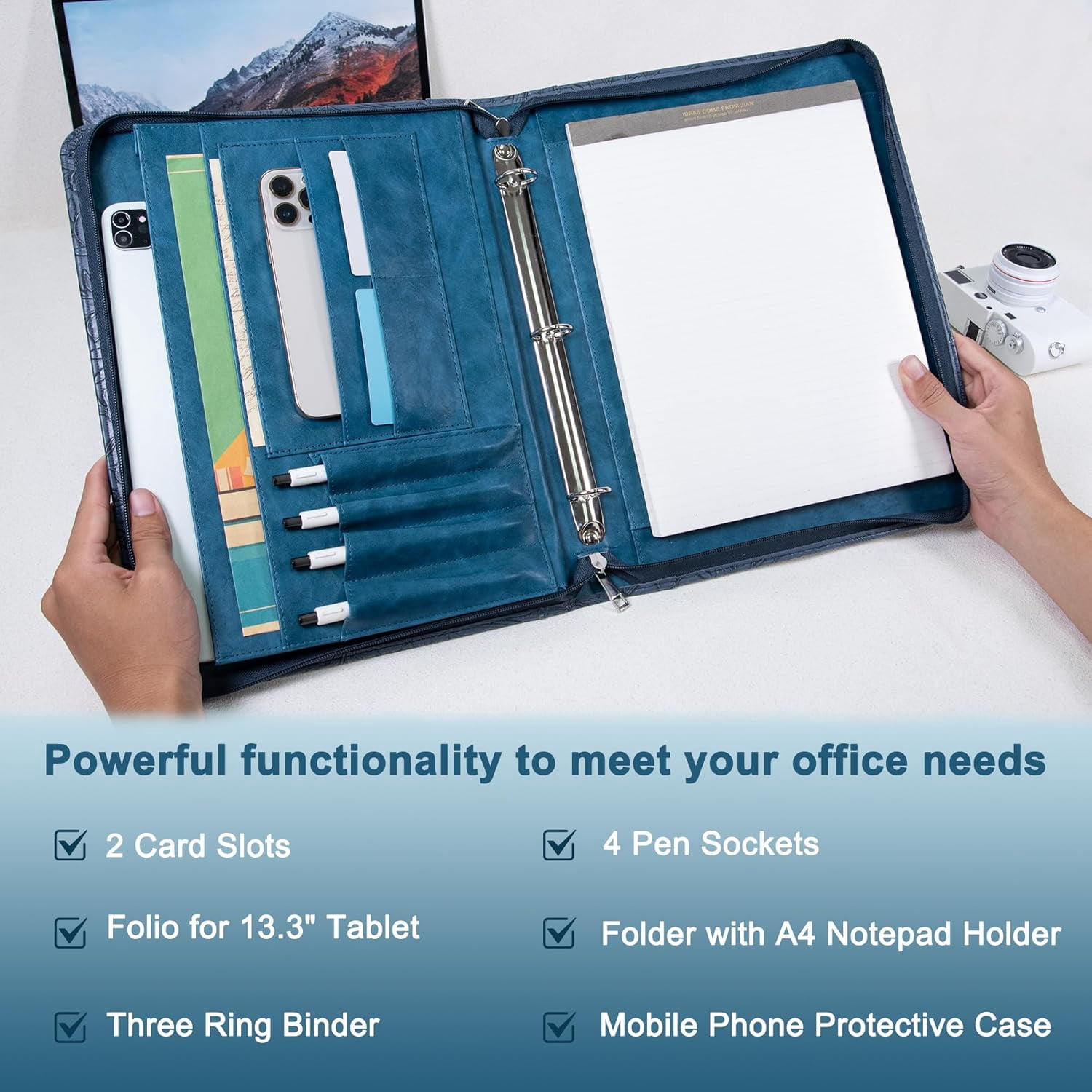 Leather Padfolio for Women,Zippered Padfolio with 3 Ring Binder,Business Portfolio Organizer for Women with A4 Writing Pad Holder, Document Organizer for Meeting/Interview