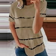 thumbnail image 2 of Women's Casual Tops Striped Casual Loose Fit Curved Hem Short Sleeve Shirts Summer Crew Neck Blouses (5XL, Khaki), 2 of 6