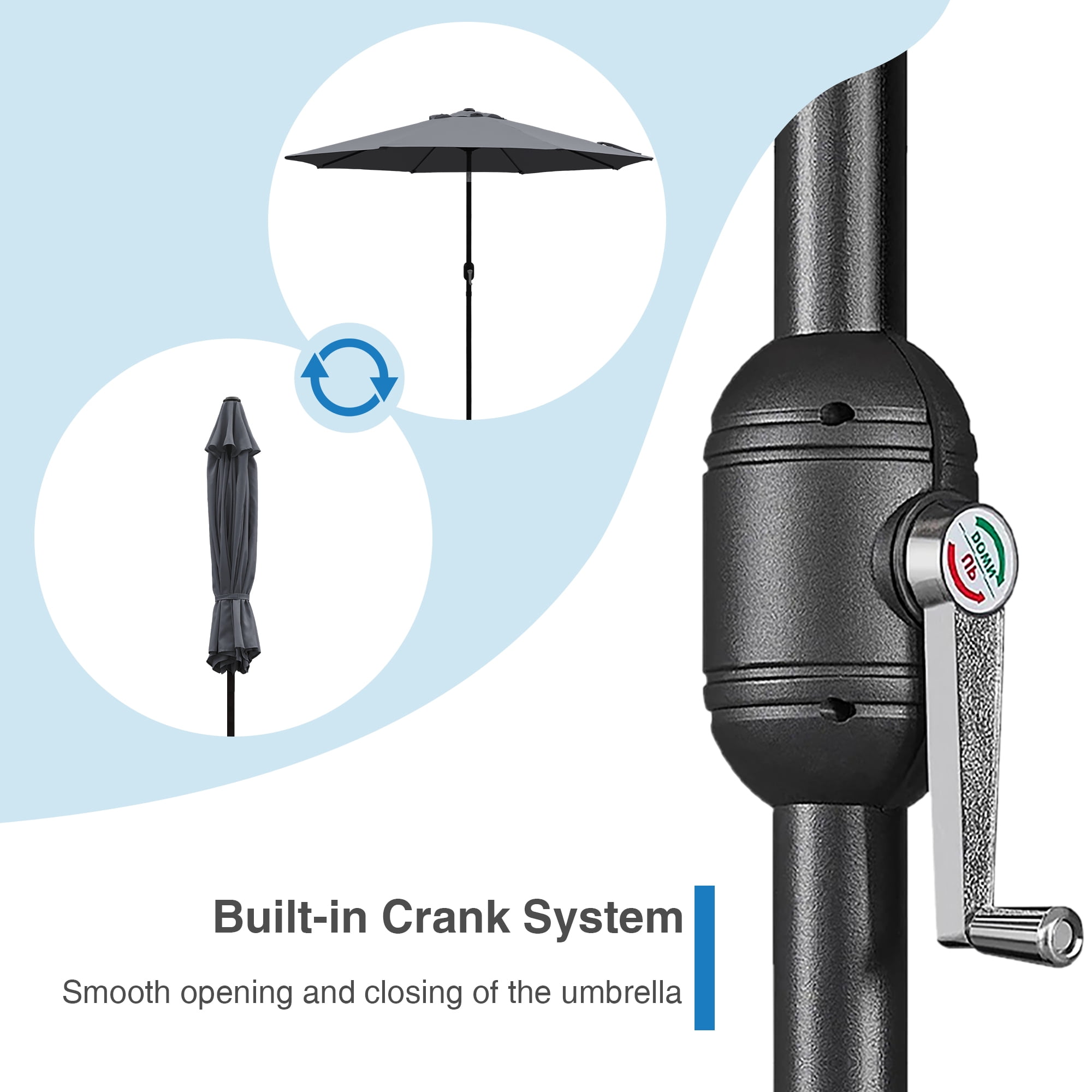 Abble Outdoor 9ft Patio Umbrella with Crank Handle and Push Button Tilt, Outdoor Market Umbrella with 8 Ribs for Garden, Deck, Backyard, Pool, Dark Gray