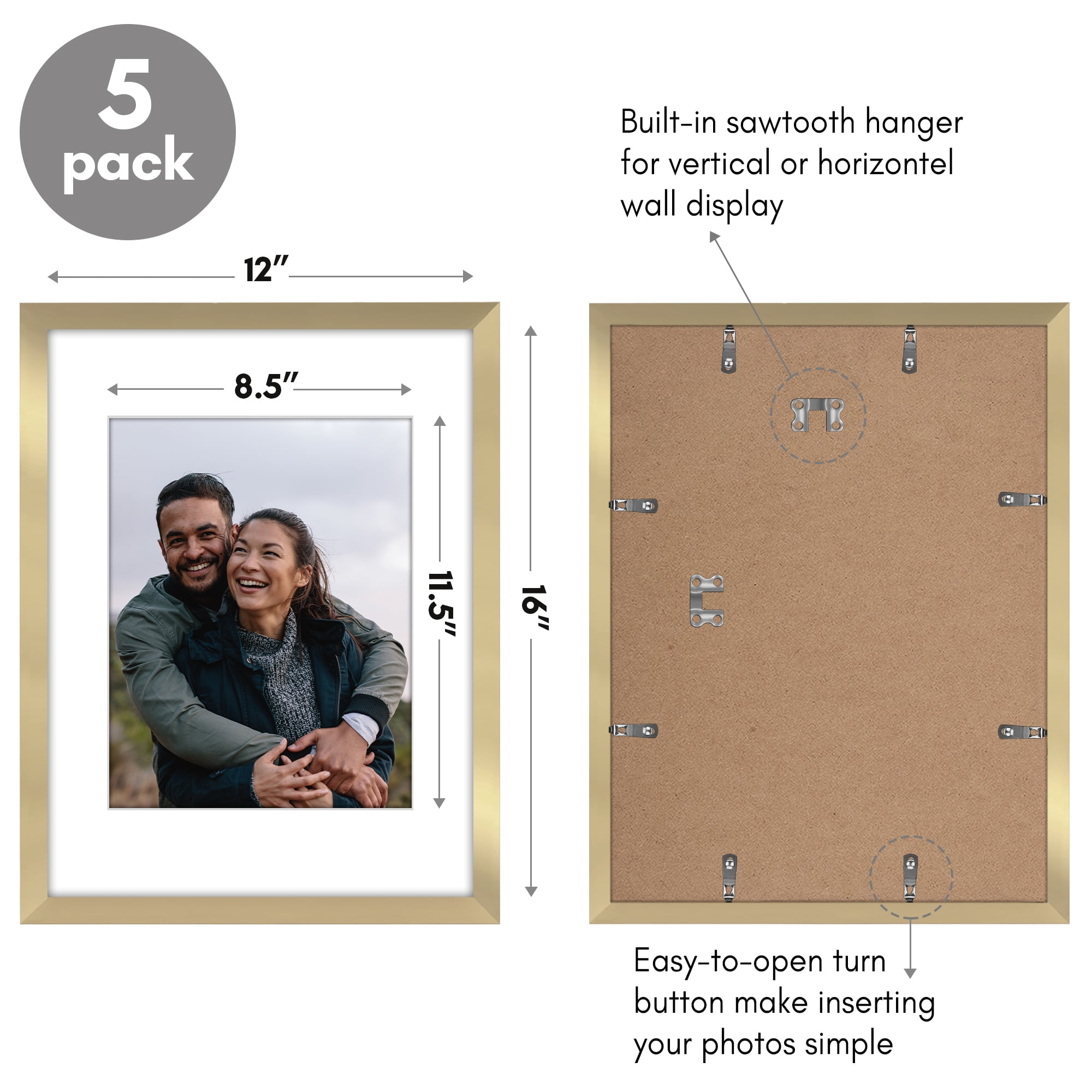 Americanflat 12x16 Picture Frame with Polished Plexiglass with 8.5x11 Mat 5 Pack Display Photo Galleria - Gold