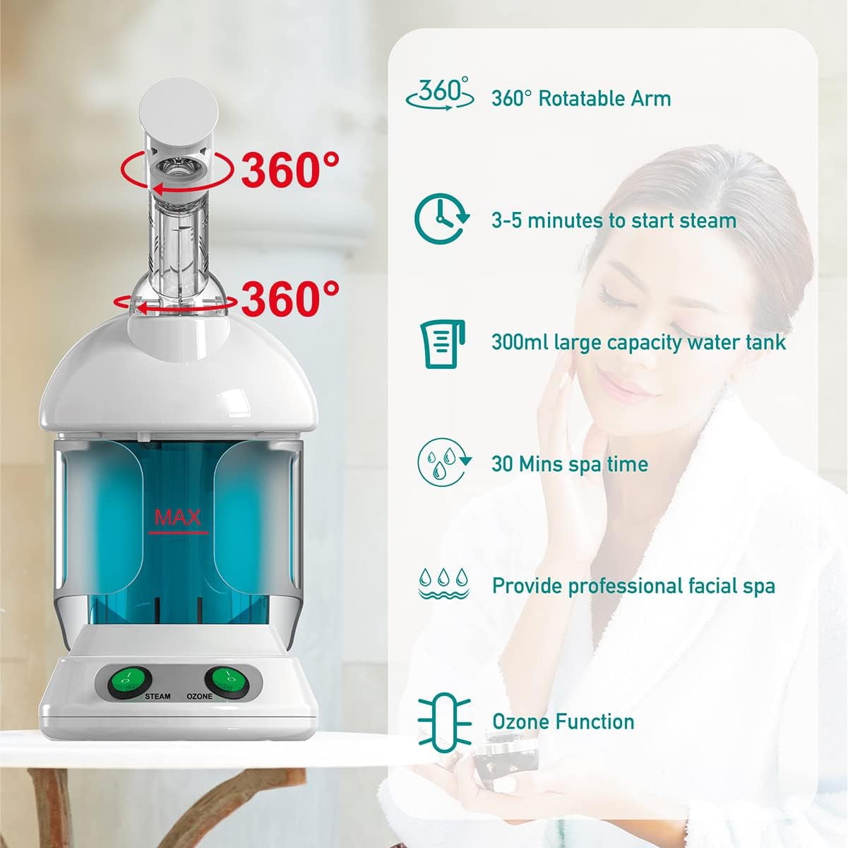 Hinzonek Ionic Facial Steamer, Face Humidifier, Ozone Steamer with 360° Rotatable Arm,Pores Steam Skin Clean Sauna Beauty,Nose&Face Mist Thermal Steamer for Home Facial Sauna Spa