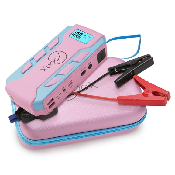 XoooX Pink Portable Car Battery Jump Starter Kit with Jumper Cables, LED Light and Case; 12V Jump Start Battery Pack; Portable Battery Charger for USB/USB-C Devices