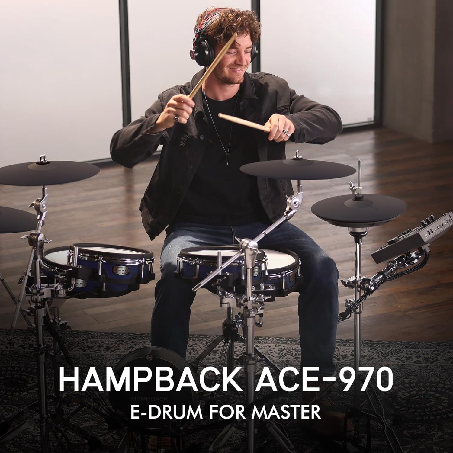 HAMPBACK ACE-970 Electronic Drum Set, Dual-Layer Mesh Heads, Hi-Hat Stand