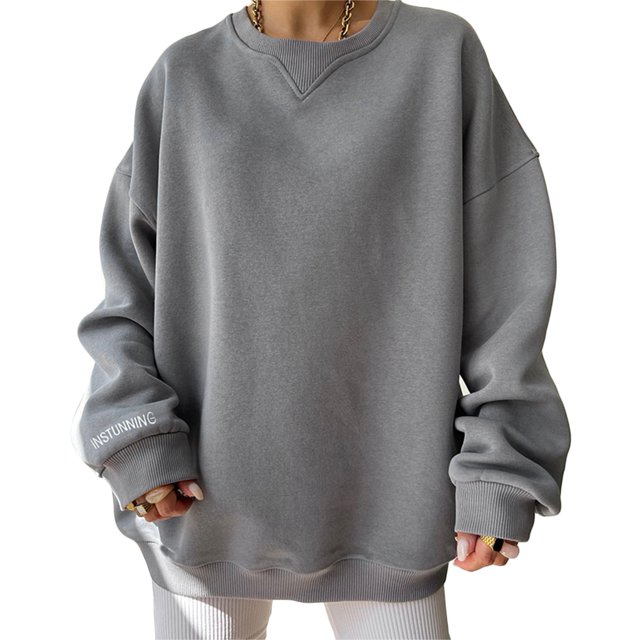 Sudadera Liso Ribete De Costilla Manga Larga Puños Bordados Con Letras Forro Polar Cómodo Jersey Para Mujer Gris S