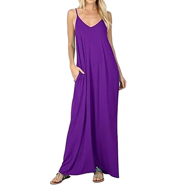 SMihono Robe Maxi Boho d'Été pour Femmes Grande Taille Robe d'Été Décontractée Sans Manches Col en V à Bretelles Robe Ample de Plage Longue Cami Fluide avec Poche Robe de Plage Évasée