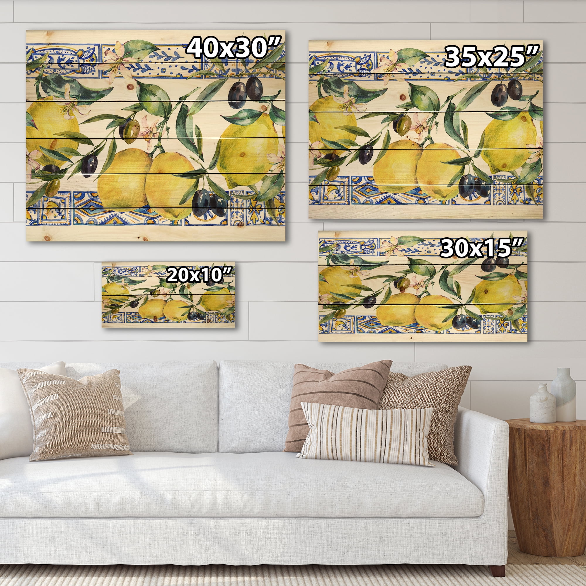 Designart 'Geometrical Pattern of Lemon Ornament On Blue II' Tropical Print on Natural Pine Wood