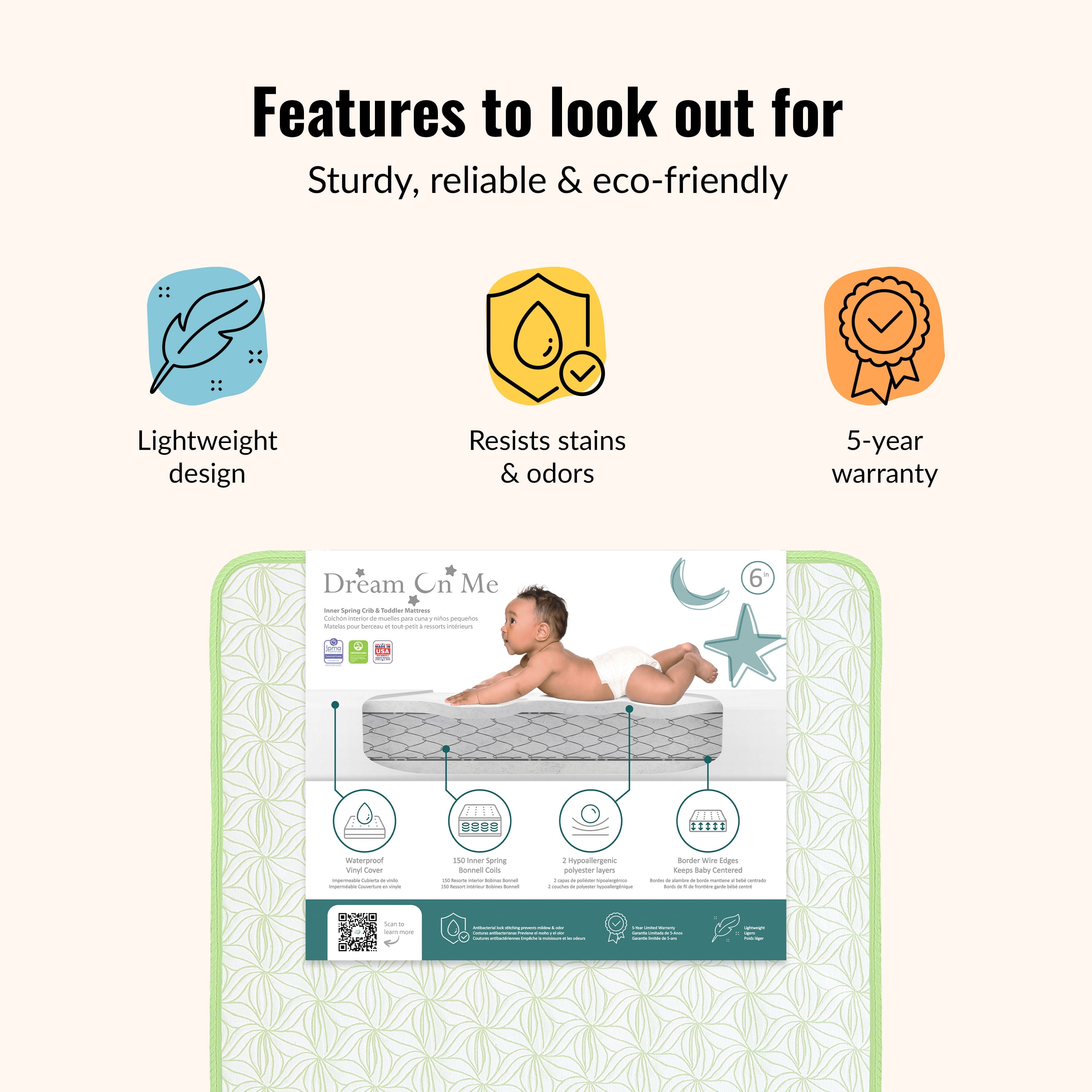 Dream On Me Snug Support 6” 150-Coil Inner Spring Crib & Toddler Mattress | Waterproof Vinyl Cover | Greenguard Gold Certified | Reinforced Edge Support | Green Floral